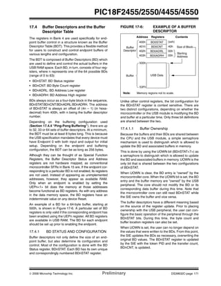 © 2006 Microchip Technology Inc. Preliminary DS39632C-page 171
PIC18F2455/2550/4455/4550
17.4 Buffer Descriptors and the Buffer
Descriptor Table
The registers in Bank 4 are used specifically for end-
point buffer control in a structure known as the Buffer
Descriptor Table (BDT). This provides a flexible method
for users to construct and control endpoint buffers of
various lengths and configuration.
The BDT is composed of Buffer Descriptors (BD) which
are used to define and control the actual buffers in the
USB RAM space. Each BD, in turn, consists of four reg-
isters, where n represents one of the 64 possible BDs
(range of 0 to 63):
• BDnSTAT: BD Status register
• BDnCNT: BD Byte Count register
• BDnADRL: BD Address Low register
• BDnADRH: BD Address High register
BDs always occur as a four-byte block in the sequence,
BDnSTAT:BDnCNT:BDnADRL:BDnADRH. The address
of BDnSTAT is always an offset of (4n – 1) (in hexa-
decimal) from 400h, with n being the buffer descriptor
number.
Depending on the buffering configuration used
(Section 17.4.4 “Ping-Pong Buffering”), there are up
to 32, 33 or 64 sets of buffer descriptors. At a minimum,
the BDT must be at least 8 bytes long. This is because
the USB specification mandates that every device must
have Endpoint 0 with both input and output for initial
setup. Depending on the endpoint and buffering
configuration, the BDT can be as long as 256 bytes.
Although they can be thought of as Special Function
Registers, the Buffer Descriptor Status and Address
registers are not hardware mapped, as conventional
microcontroller SFRs in Bank 15 are. If the endpoint cor-
responding to a particular BD is not enabled, its registers
are not used. Instead of appearing as unimplemented
addresses, however, they appear as available RAM.
Only when an endpoint is enabled by setting the
UEPn<1> bit does the memory at those addresses
become functional as BD registers. As with any address
in the data memory space, the BD registers have an
indeterminate value on any device Reset.
An example of a BD for a 64-byte buffer, starting at
500h, is shown in Figure 17-6. A particular set of BD
registers is only valid if the corresponding endpoint has
been enabled using the UEPn register. All BD registers
are available in USB RAM. The BD for each endpoint
should be set up prior to enabling the endpoint.
17.4.1 BD STATUS AND CONFIGURATION
Buffer descriptors not only define the size of an end-
point buffer, but also determine its configuration and
control. Most of the configuration is done with the BD
Status register, BDnSTAT. Each BD has its own unique
and correspondingly numbered BDnSTAT register.
FIGURE 17-6: EXAMPLE OF A BUFFER
DESCRIPTOR
Unlike other control registers, the bit configuration for
the BDnSTAT register is context sensitive. There are
two distinct configurations, depending on whether the
microcontroller or the USB module is modifying the BD
and buffer at a particular time. Only three bit definitions
are shared between the two.
17.4.1.1 Buffer Ownership
Because the buffers and their BDs are shared between
the CPU and the USB module, a simple semaphore
mechanism is used to distinguish which is allowed to
update the BD and associated buffers in memory.
This is done by using the UOWN bit (BDnSTAT<7>) as
a semaphore to distinguish which is allowed to update
the BD and associated buffers in memory. UOWN is the
only bit that is shared between the two configurations
of BDnSTAT.
When UOWN is clear, the BD entry is “owned” by the
microcontroller core. When the UOWN bit is set, the BD
entry and the buffer memory are “owned” by the USB
peripheral. The core should not modify the BD or its
corresponding data buffer during this time. Note that
the microcontroller core can still read BDnSTAT while
the SIE owns the buffer and vice versa.
The buffer descriptors have a different meaning based
on the source of the register update. Prior to placing
ownership with the USB peripheral, the user can con-
figure the basic operation of the peripheral through the
BDnSTAT bits. During this time, the byte count and
buffer location registers can also be set.
When UOWN is set, the user can no longer depend on
the values that were written to the BDs. From this point,
the SIE updates the BDs as necessary, overwriting the
original BD values. The BDnSTAT register is updated
by the SIE with the token PID and the transfer count,
BDnCNT, is updated.
400h
USB Data
Buffer
Buffer
BD0STAT
BD0CNT
BD0ADRL
BD0ADRH
401h
402h
403h
500h
53Fh
Descriptor
Note: Memory regions not to scale.
40h
00h
05h
Starting
Size of Block
(xxh)
RegistersAddress Contents
Address
 