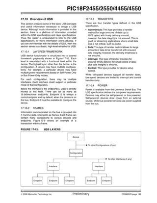 © 2006 Microchip Technology Inc. Preliminary DS39632C-page 185
PIC18F2455/2550/4455/4550
17.10 Overview of USB
This section presents some of the basic USB concepts
and useful information necessary to design a USB
device. Although much information is provided in this
section, there is a plethora of information provided
within the USB specifications and class specifications.
Thus, the reader is encouraged to refer to the USB
specifications for more information (www.usb.org). If
you are very familiar with the details of USB, then this
section serves as a basic, high-level refresher of USB.
17.10.1 LAYERED FRAMEWORK
USB device functionality is structured into a layered
framework graphically shown in Figure 17-13. Each
level is associated with a functional level within the
device. The highest layer, other than the device, is the
configuration. A device may have multiple configura-
tions. For example, a particular device may have
multiple power requirements based on Self-Power Only
or Bus Power Only modes.
For each configuration, there may be multiple
interfaces. Each interface could support a particular
mode of that configuration.
Below the interface is the endpoint(s). Data is directly
moved at this level. There can be as many as
16 bidirectional endpoints. Endpoint 0 is always a
control endpoint and by default, when the device is on
the bus, Endpoint 0 must be available to configure the
device.
17.10.2 FRAMES
Information communicated on the bus is grouped into
1 ms time slots, referred to as frames. Each frame can
contain many transactions to various devices and
endpoints. Figure 17-9 shows an example of a
transaction within a frame.
17.10.3 TRANSFERS
There are four transfer types defined in the USB
specification.
• Isochronous: This type provides a transfer
method for large amounts of data (up to
1023 bytes) with timely delivery ensured;
however, the data integrity is not ensured. This is
good for streaming applications where small data
loss is not critical, such as audio.
• Bulk: This type of transfer method allows for large
amounts of data to be transferred with ensured
data integrity; however, the delivery timeliness is
not ensured.
• Interrupt: This type of transfer provides for
ensured timely delivery for small blocks of data,
plus data integrity is ensured.
• Control: This type provides for device setup
control.
While full-speed devices support all transfer types,
low-speed devices are limited to interrupt and control
transfers only.
17.10.4 POWER
Power is available from the Universal Serial Bus. The
USB specification defines the bus power requirements.
Devices may either be self-powered or bus powered.
Self-powered devices draw power from an external
source, while bus powered devices use power supplied
from the bus.
FIGURE 17-13: USB LAYERS
Device
Configuration
Interface
Endpoint
Interface
Endpoint Endpoint Endpoint Endpoint
To other Configurations (if any)
To other Interfaces (if any)
 