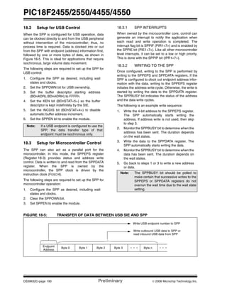 PIC18F2455/2550/4455/4550
DS39632C-page 190 Preliminary © 2006 Microchip Technology Inc.
18.2 Setup for USB Control
When the SPP is configured for USB operation, data
can be clocked directly to and from the USB peripheral
without intervention of the microcontroller; thus, no
process time is required. Data is clocked into or out
from the SPP with endpoint (address) information first,
followed by one or more bytes of data, as shown in
Figure 18-5. This is ideal for applications that require
isochronous, large volume data movement.
The following steps are required to set up the SPP for
USB control:
1. Configure the SPP as desired, including wait
states and clocks.
2. Set the SPPOWN bit for USB ownership.
3. Set the buffer descriptor starting address
(BDnADRL:BDnADRH) to FFFFh.
4. Set the KEN bit (BDnSTAT<5>) so the buffer
descriptor is kept indefinitely by the SIE.
5. Set the INCDIS bit (BDnSTAT<4>) to disable
automatic buffer address increment.
6. Set the SPPEN bit to enable the module.
18.3 Setup for Microcontroller Control
The SPP can also act as a parallel port for the
microcontroller. In this mode, the SPPEPS register
(Register 18-3) provides status and address write
control. Data is written to and read from the SPPDATA
register. When the SPP is owned by the
microcontroller, the SPP clock is driven by the
instruction clock (FOSC/4).
The following steps are required to set up the SPP for
microcontroller operation:
1. Configure the SPP as desired, including wait
states and clocks.
2. Clear the SPPOWN bit.
3. Set SPPEN to enable the module.
18.3.1 SPP INTERRUPTS
When owned by the microcontroller core, control can
generate an interrupt to notify the application when
each read and write operation is completed. The
interrupt flag bit is SPPIF (PIR1<7>) and is enabled by
the SPPIE bit (PIE1<7>). Like all other microcontroller
level interrupts, it can be set to a low or high priority.
This is done with the SPPIP bit (IPR1<7>).
18.3.2 WRITING TO THE SPP
Once configured, writing to the SPP is performed by
writing to the SPPEPS and SPPDATA registers. If the
SPP is configured to clock out endpoint address infor-
mation with the data, writing to the SPPEPS register
initiates the address write cycle. Otherwise, the write is
started by writing the data to the SPPDATA register.
The SPPBUSY bit indicates the status of the address
and the data write cycles.
The following is an example write sequence:
1. Write the 4-bit address to the SPPEPS register.
The SPP automatically starts writing the
address. If address write is not used, then skip
to step 3.
2. Monitor the SPPBUSY bit to determine when the
address has been sent. The duration depends
on the wait states.
3. Write the data to the SPPDATA register. The
SPP automatically starts writing the data.
4. Monitor the SPPBUSY bit to determine when the
data has been sent. The duration depends on
the wait states.
5. Go back to steps 1 or 3 to write a new address
or data.
FIGURE 18-5: TRANSFER OF DATA BETWEEN USB SIE AND SPP
Note: If a USB endpoint is configured to use the
SPP, the data transfer type of that
endpoint must be isochronous only.
Note: The SPPBUSY bit should be polled to
make certain that successive writes to the
SPPEPS or SPPDATA registers do not
overrun the wait time due to the wait state
setting.
Byte 0 Byte 1 Byte 2 Byte 3 Byte n
Endpoint
Address
Write USB endpoint number to SPP
Write outbound USB data to SPP or
read inbound USB data from SPP
 