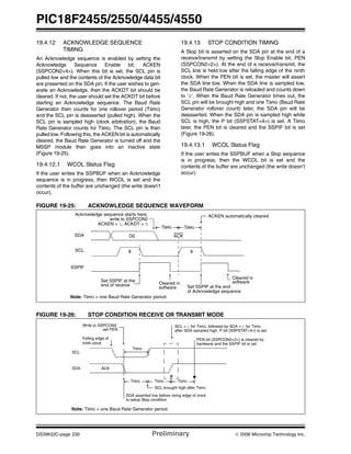 PIC18F2455/2550/4455/4550
DS39632C-page 230 Preliminary © 2006 Microchip Technology Inc.
19.4.12 ACKNOWLEDGE SEQUENCE
TIMING
An Acknowledge sequence is enabled by setting the
Acknowledge Sequence Enable bit, ACKEN
(SSPCON2<4>). When this bit is set, the SCL pin is
pulled low and the contents of the Acknowledge data bit
are presented on the SDA pin. If the user wishes to gen-
erate an Acknowledge, then the ACKDT bit should be
cleared. If not, the user should set the ACKDT bit before
starting an Acknowledge sequence. The Baud Rate
Generator then counts for one rollover period (TBRG)
and the SCL pin is deasserted (pulled high). When the
SCL pin is sampled high (clock arbitration), the Baud
Rate Generator counts for TBRG. The SCL pin is then
pulled low. Following this, the ACKEN bit is automatically
cleared, the Baud Rate Generator is turned off and the
MSSP module then goes into an inactive state
(Figure 19-25).
19.4.12.1 WCOL Status Flag
If the user writes the SSPBUF when an Acknowledge
sequence is in progress, then WCOL is set and the
contents of the buffer are unchanged (the write doesn’t
occur).
19.4.13 STOP CONDITION TIMING
A Stop bit is asserted on the SDA pin at the end of a
receive/transmit by setting the Stop Enable bit, PEN
(SSPCON2<2>). At the end of a receive/transmit, the
SCL line is held low after the falling edge of the ninth
clock. When the PEN bit is set, the master will assert
the SDA line low. When the SDA line is sampled low,
the Baud Rate Generator is reloaded and counts down
to ‘0’. When the Baud Rate Generator times out, the
SCL pin will be brought high and one TBRG (Baud Rate
Generator rollover count) later, the SDA pin will be
deasserted. When the SDA pin is sampled high while
SCL is high, the P bit (SSPSTAT<4>) is set. A TBRG
later, the PEN bit is cleared and the SSPIF bit is set
(Figure 19-26).
19.4.13.1 WCOL Status Flag
If the user writes the SSPBUF when a Stop sequence
is in progress, then the WCOL bit is set and the
contents of the buffer are unchanged (the write doesn’t
occur).
FIGURE 19-25: ACKNOWLEDGE SEQUENCE WAVEFORM
FIGURE 19-26: STOP CONDITION RECEIVE OR TRANSMIT MODE
Note: TBRG = one Baud Rate Generator period.
SDA
SCL
Set SSPIF at the
Acknowledge sequence starts here,
write to SSPCON2
ACKEN automatically cleared
Cleared in
TBRG TBRG
end of receive
8
ACKEN = 1, ACKDT = 0
D0
9
SSPIF
software Set SSPIF at the end
of Acknowledge sequence
Cleared in
software
ACK
SCL
SDA
SDA asserted low before rising edge of clock
Write to SSPCON2,
set PEN
Falling edge of
SCL = 1 for TBRG, followed by SDA = 1 for TBRG
ninth clock
SCL brought high after TBRG
Note: TBRG = one Baud Rate Generator period.
TBRG TBRG
after SDA sampled high. P bit (SSPSTAT<4>) is set.
TBRG
to setup Stop condition
ACK
P
TBRG
PEN bit (SSPCON2<2>) is cleared by
hardware and the SSPIF bit is set
 
