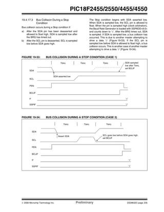 © 2006 Microchip Technology Inc. Preliminary DS39632C-page 235
PIC18F2455/2550/4455/4550
19.4.17.3 Bus Collision During a Stop
Condition
Bus collision occurs during a Stop condition if:
a) After the SDA pin has been deasserted and
allowed to float high, SDA is sampled low after
the BRG has timed out.
b) After the SCL pin is deasserted, SCL is sampled
low before SDA goes high.
The Stop condition begins with SDA asserted low.
When SDA is sampled low, the SCL pin is allowed to
float. When the pin is sampled high (clock arbitration),
the Baud Rate Generator is loaded with SSPADD<6:0>
and counts down to ‘0’. After the BRG times out, SDA
is sampled. If SDA is sampled low, a bus collision has
occurred. This is due to another master attempting to
drive a data ‘0’ (Figure 19-33). If the SCL pin is
sampled low before SDA is allowed to float high, a bus
collision occurs. This is another case of another master
attempting to drive a data ‘0’ (Figure 19-34).
FIGURE 19-33: BUS COLLISION DURING A STOP CONDITION (CASE 1)
FIGURE 19-34: BUS COLLISION DURING A STOP CONDITION (CASE 2)
SDA
SCL
BCLIF
PEN
P
SSPIF
TBRG TBRG TBRG
SDA asserted low
SDA sampled
low after TBRG,
set BCLIF
‘0’
‘0’
SDA
SCL
BCLIF
PEN
P
SSPIF
TBRG TBRG TBRG
Assert SDA SCL goes low before SDA goes high,
set BCLIF
‘0’
‘0’
 