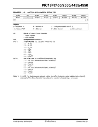 © 2006 Microchip Technology Inc. Preliminary DS39632C-page 261
PIC18F2455/2550/4455/4550
REGISTER 21-3: ADCON2: A/D CONTROL REGISTER 2
R/W-0 U-0 R/W-0 R/W-0 R/W-0 R/W-0 R/W-0 R/W-0
ADFM — ACQT2 ACQT1 ACQT0 ADCS2 ADCS1 ADCS0
bit 7 bit 0
Legend:
R = Readable bit W = Writable bit U = Unimplemented bit, read as ‘0’
-n = Value at POR ‘1’ = Bit is set ‘0’ = Bit is cleared x = Bit is unknown
bit 7 ADFM: A/D Result Format Select bit
1 = Right justified
0 = Left justified
bit 6 Unimplemented: Read as ‘0’
bit 5-3 ACQT2:ACQT0: A/D Acquisition Time Select bits
111 = 20 TAD
110 = 16 TAD
101 = 12 TAD
100 = 8 TAD
011 = 6 TAD
010 = 4 TAD
001 = 2 TAD
000 = 0 TAD
(1)
bit 2-0 ADCS2:ADCS0: A/D Conversion Clock Select bits
111 = FRC (clock derived from A/D RC oscillator)(1)
110 = FOSC/64
101 = FOSC/16
100 = FOSC/4
011 = FRC (clock derived from A/D RC oscillator)(1)
010 = FOSC/32
001 = FOSC/8
000 = FOSC/2
Note 1: If the A/D FRC clock source is selected, a delay of one TCY (instruction cycle) is added before the A/D
clock starts. This allows the SLEEP instruction to be executed before starting a conversion.
 