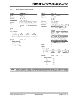 © 2006 Microchip Technology Inc. Preliminary DS39632C-page 313
PIC18F2455/2550/4455/4550
26.1.1 STANDARD INSTRUCTION SET
ADDLW ADD Literal to W
Syntax: ADDLW k
Operands: 0 ≤ k ≤ 255
Operation: (W) + k → W
Status Affected: N, OV, C, DC, Z
Encoding: 0000 1111 kkkk kkkk
Description: The contents of W are added to the
8-bit literal ‘k’ and the result is placed in
W.
Words: 1
Cycles: 1
Q Cycle Activity:
Q1 Q2 Q3 Q4
Decode Read
literal ‘k’
Process
Data
Write to W
Example: ADDLW 15h
Before Instruction
W = 10h
After Instruction
W = 25h
ADDWF ADD W to f
Syntax: ADDWF f {,d {,a}}
Operands: 0 ≤ f ≤ 255
d ∈ [0,1]
a ∈ [0,1]
Operation: (W) + (f) → dest
Status Affected: N, OV, C, DC, Z
Encoding: 0010 01da ffff ffff
Description: Add W to register ‘f’. If ‘d’ is ‘0’, the
result is stored in W. If ‘d’ is ‘1’, the
result is stored back in register ‘f’
(default).
If ‘a’ is ‘0’, the Access Bank is selected.
If ‘a’ is ‘1’, the BSR is used to select the
GPR bank (default).
If ‘a’ is ‘0’ and the extended instruction
set is enabled, this instruction operates
in Indexed Literal Offset Addressing
mode whenever f ≤ 95 (5Fh). See
Section 26.2.3 “Byte-Oriented and
Bit-Oriented Instructions in Indexed
Literal Offset Mode” for details.
Words: 1
Cycles: 1
Q Cycle Activity:
Q1 Q2 Q3 Q4
Decode Read
register ‘f’
Process
Data
Write to
destination
Example: ADDWF REG, 0, 0
Before Instruction
W = 17h
REG = 0C2h
After Instruction
W = 0D9h
REG = 0C2h
Note: All PIC18 instructions may take an optional label argument, preceding the instruction mnemonic, for use in
symbolic addressing. If a label is used, the instruction format then becomes: {label} instruction argument(s).
 
