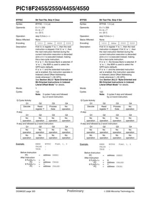PIC18F2455/2550/4455/4550
DS39632C-page 320 Preliminary © 2006 Microchip Technology Inc.
BTFSC Bit Test File, Skip if Clear
Syntax: BTFSC f, b {,a}
Operands: 0 ≤ f ≤ 255
0 ≤ b ≤ 7
a ∈ [0,1]
Operation: skip if (f<b>) = 0
Status Affected: None
Encoding: 1011 bbba ffff ffff
Description: If bit ‘b’ in register ‘f’ is ‘0’, then the next
instruction is skipped. If bit ‘b’ is ‘0’, then
the next instruction fetched during the
current instruction execution is discarded
and a NOP is executed instead, making
this a two-cycle instruction.
If ‘a’ is ‘0’, the Access Bank is selected. If
‘a’ is ‘1’, the BSR is used to select the
GPR bank (default).
If ‘a’ is ‘0’ and the extended instruction
set is enabled, this instruction operates in
Indexed Literal Offset Addressing
mode whenever f ≤ 95 (5Fh).
See Section 26.2.3 “Byte-Oriented and
Bit-Oriented Instructions in Indexed
Literal Offset Mode” for details.
Words: 1
Cycles: 1(2)
Note: 3 cycles if skip and followed
by a 2-word instruction.
Q Cycle Activity:
Q1 Q2 Q3 Q4
Decode Read
register ‘f’
Process
Data
No
operation
If skip:
Q1 Q2 Q3 Q4
No
operation
No
operation
No
operation
No
operation
If skip and followed by 2-word instruction:
Q1 Q2 Q3 Q4
No
operation
No
operation
No
operation
No
operation
No
operation
No
operation
No
operation
No
operation
Example: HERE
FALSE
TRUE
BTFSC
:
:
FLAG, 1, 0
Before Instruction
PC = address (HERE)
After Instruction
If FLAG<1> = 0;
PC = address (TRUE)
If FLAG<1> = 1;
PC = address (FALSE)
BTFSS Bit Test File, Skip if Set
Syntax: BTFSS f, b {,a}
Operands: 0 ≤ f ≤ 255
0 ≤ b < 7
a ∈ [0,1]
Operation: skip if (f<b>) = 1
Status Affected: None
Encoding: 1010 bbba ffff ffff
Description: If bit ‘b’ in register ‘f’ is ‘1’, then the next
instruction is skipped. If bit ‘b’ is ‘1’, then
the next instruction fetched during the
current instruction execution is discarded
and a NOP is executed instead, making
this a two-cycle instruction.
If ‘a’ is ‘0’, the Access Bank is selected. If
‘a’ is ‘1’, the BSR is used to select the
GPR bank (default).
If ‘a’ is ‘0’ and the extended instruction
set is enabled, this instruction operates
in Indexed Literal Offset Addressing
mode whenever f ≤ 95 (5Fh).
See Section 26.2.3 “Byte-Oriented and
Bit-Oriented Instructions in Indexed
Literal Offset Mode” for details.
Words: 1
Cycles: 1(2)
Note: 3 cycles if skip and followed
by a 2-word instruction.
Q Cycle Activity:
Q1 Q2 Q3 Q4
Decode Read
register ‘f’
Process
Data
No
operation
If skip:
Q1 Q2 Q3 Q4
No
operation
No
operation
No
operation
No
operation
If skip and followed by 2-word instruction:
Q1 Q2 Q3 Q4
No
operation
No
operation
No
operation
No
operation
No
operation
No
operation
No
operation
No
operation
Example: HERE
FALSE
TRUE
BTFSS
:
:
FLAG, 1, 0
Before Instruction
PC = address (HERE)
After Instruction
If FLAG<1> = 0;
PC = address (FALSE)
If FLAG<1> = 1;
PC = address (TRUE)
 