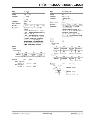 © 2006 Microchip Technology Inc. Preliminary DS39632C-page 321
PIC18F2455/2550/4455/4550
BTG Bit Toggle f
Syntax: BTG f, b {,a}
Operands: 0 ≤ f ≤ 255
0 ≤ b < 7
a ∈ [0,1]
Operation: (f<b>) → f<b>
Status Affected: None
Encoding: 0111 bbba ffff ffff
Description: Bit ‘b’ in data memory location ‘f’ is
inverted.
If ‘a’ is ‘0’, the Access Bank is selected.
If ‘a’ is ‘1’, the BSR is used to select the
GPR bank (default).
If ‘a’ is ‘0’ and the extended instruction
set is enabled, this instruction operates
in Indexed Literal Offset Addressing
mode whenever f ≤ 95 (5Fh). See
Section 26.2.3 “Byte-Oriented and
Bit-Oriented Instructions in Indexed
Literal Offset Mode” for details.
Words: 1
Cycles: 1
Q Cycle Activity:
Q1 Q2 Q3 Q4
Decode Read
register ‘f’
Process
Data
Write
register ‘f’
Example: BTG PORTC, 4, 0
Before Instruction:
PORTC = 0111 0101 [75h]
After Instruction:
PORTC = 0110 0101 [65h]
BOV Branch if Overflow
Syntax: BOV n
Operands: -128 ≤ n ≤ 127
Operation: if Overflow bit is ‘1’
(PC) + 2 + 2n → PC
Status Affected: None
Encoding: 1110 0100 nnnn nnnn
Description: If the Overflow bit is ‘1’, then the
program will branch.
The 2’s complement number ‘2n’ is
added to the PC. Since the PC will have
incremented to fetch the next
instruction, the new address will be
PC + 2 + 2n. This instruction is then a
two-cycle instruction.
Words: 1
Cycles: 1(2)
Q Cycle Activity:
If Jump:
Q1 Q2 Q3 Q4
Decode Read literal
‘n’
Process
Data
Write to PC
No
operation
No
operation
No
operation
No
operation
If No Jump:
Q1 Q2 Q3 Q4
Decode Read literal
‘n’
Process
Data
No
operation
Example: HERE BOV Jump
Before Instruction
PC = address (HERE)
After Instruction
If Overflow = 1;
PC = address (Jump)
If Overflow = 0;
PC = address (HERE + 2)
 