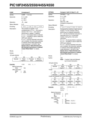 PIC18F2455/2550/4455/4550
DS39632C-page 324 Preliminary © 2006 Microchip Technology Inc.
COMF Complement f
Syntax: COMF f {,d {,a}}
Operands: 0 ≤ f ≤ 255
d ∈ [0,1]
a ∈ [0,1]
Operation: (f) → dest
Status Affected: N, Z
Encoding: 0001 11da ffff ffff
Description: The contents of register ‘f’ are
complemented. If ‘d’ is ‘0’, the result is
stored in W. If ‘d’ is ‘1’, the result is
stored back in register ‘f’ (default).
If ‘a’ is ‘0’, the Access Bank is selected.
If ‘a’ is ‘1’, the BSR is used to select the
GPR bank (default).
If ‘a’ is ‘0’ and the extended instruction
set is enabled, this instruction operates
in Indexed Literal Offset Addressing
mode whenever f ≤ 95 (5Fh). See
Section 26.2.3 “Byte-Oriented and
Bit-Oriented Instructions in Indexed
Literal Offset Mode” for details.
Words: 1
Cycles: 1
Q Cycle Activity:
Q1 Q2 Q3 Q4
Decode Read
register ‘f’
Process
Data
Write to
destination
Example: COMF REG, 0, 0
Before Instruction
REG = 13h
After Instruction
REG = 13h
W = ECh
CPFSEQ Compare f with W, Skip if f = W
Syntax: CPFSEQ f {,a}
Operands: 0 ≤ f ≤ 255
a ∈ [0,1]
Operation: (f) – (W),
skip if (f) = (W)
(unsigned comparison)
Status Affected: None
Encoding: 0110 001a ffff ffff
Description: Compares the contents of data memory
location ‘f’ to the contents of W by
performing an unsigned subtraction.
If ‘f’ = W, then the fetched instruction is
discarded and a NOP is executed
instead, making this a two-cycle
instruction.
If ‘a’ is ‘0’, the Access Bank is selected.
If ‘a’ is ‘1’, the BSR is used to select the
GPR bank (default).
If ‘a’ is ‘0’ and the extended instruction
set is enabled, this instruction operates
in Indexed Literal Offset Addressing
mode whenever f ≤ 95 (5Fh). See
Section 26.2.3 “Byte-Oriented and
Bit-Oriented Instructions in Indexed
Literal Offset Mode” for details.
Words: 1
Cycles: 1(2)
Note: 3 cycles if skip and followed
by a 2-word instruction.
Q Cycle Activity:
Q1 Q2 Q3 Q4
Decode Read
register ‘f’
Process
Data
No
operation
If skip:
Q1 Q2 Q3 Q4
No
operation
No
operation
No
operation
No
operation
If skip and followed by 2-word instruction:
Q1 Q2 Q3 Q4
No
operation
No
operation
No
operation
No
operation
No
operation
No
operation
No
operation
No
operation
Example: HERE CPFSEQ REG, 0
NEQUAL :
EQUAL :
Before Instruction
PC Address = HERE
W = ?
REG = ?
After Instruction
If REG = W;
PC = Address (EQUAL)
If REG ≠ W;
PC = Address (NEQUAL)
 