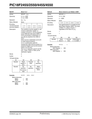 PIC18F2455/2550/4455/4550
DS39632C-page 332 Preliminary © 2006 Microchip Technology Inc.
MOVFF Move f to f
Syntax: MOVFF fs,fd
Operands: 0 ≤ fs ≤ 4095
0 ≤ fd ≤ 4095
Operation: (fs) → fd
Status Affected: None
Encoding:
1st word (source)
2nd word (destin.)
1100
1111
ffff
ffff
ffff
ffff
ffffs
ffffd
Description: The contents of source register ‘fs’ are
moved to destination register ‘fd’.
Location of source ‘fs’ can be anywhere
in the 4096-byte data space (000h to
FFFh) and location of destination ‘fd’
can also be anywhere from 000h to
FFFh.
Either source or destination can be W
(a useful special situation).
MOVFF is particularly useful for
transferring a data memory location to a
peripheral register (such as the transmit
buffer or an I/O port).
The MOVFF instruction cannot use the
PCL, TOSU, TOSH or TOSL as the
destination register.
Words: 2
Cycles: 2
Q Cycle Activity:
Q1 Q2 Q3 Q4
Decode Read
register ‘f’
(src)
Process
Data
No
operation
Decode No
operation
No dummy
read
No
operation
Write
register ‘f’
(dest)
Example: MOVFF REG1, REG2
Before Instruction
REG1 = 33h
REG2 = 11h
After Instruction
REG1 = 33h
REG2 = 33h
MOVLB Move Literal to Low Nibble in BSR
Syntax: MOVLW k
Operands: 0 ≤ k ≤ 255
Operation: k → BSR
Status Affected: None
Encoding: 0000 0001 kkkk kkkk
Description: The eight-bit literal ‘k’ is loaded into the
Bank Select Register (BSR). The value
of BSR<7:4> always remains ‘0’
regardless of the value of k7:k4.
Words: 1
Cycles: 1
Q Cycle Activity:
Q1 Q2 Q3 Q4
Decode Read
literal ‘k’
Process
Data
Write literal
‘k’ to BSR
Example: MOVLB 5
Before Instruction
BSR Register = 02h
After Instruction
BSR Register = 05h
 