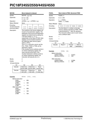 PIC18F2455/2550/4455/4550
DS39632C-page 352 Preliminary © 2006 Microchip Technology Inc.
MOVSS Move Indexed to Indexed
Syntax: MOVSS [zs], [zd]
Operands: 0 ≤ zs ≤ 127
0 ≤ zd ≤ 127
Operation: ((FSR2) + zs) → ((FSR2) + zd)
Status Affected: None
Encoding:
1st word (source)
2nd word (dest.)
1110
1111
1011
xxxx
1zzz
xzzz
zzzzs
zzzzd
Description The contents of the source register are
moved to the destination register. The
addresses of the source and destination
registers are determined by adding the
7-bit literal offsets ‘zs’ or ‘zd’,
respectively, to the value of FSR2. Both
registers can be located anywhere in
the 4096-byte data memory space
(000h to FFFh).
The MOVSS instruction cannot use the
PCL, TOSU, TOSH or TOSL as the
destination register.
If the resultant source address points to
an indirect addressing register, the
value returned will be 00h. If the
resultant destination address points to
an indirect addressing register, the
instruction will execute as a NOP.
Words: 2
Cycles: 2
Q Cycle Activity:
Q1 Q2 Q3 Q4
Decode Determine
source addr
Determine
source addr
Read
source reg
Decode Determine
dest addr
Determine
dest addr
Write
to dest reg
Example: MOVSS [05h], [06h]
Before Instruction
FSR2 = 80h
Contents
of 85h = 33h
Contents
of 86h = 11h
After Instruction
FSR2 = 80h
Contents
of 85h = 33h
Contents
of 86h = 33h
PUSHL Store Literal at FSR2, Decrement FSR2
Syntax: PUSHL k
Operands: 0 ≤ k ≤ 255
Operation: k → (FSR2),
FSR2 – 1→ FSR2
Status Affected: None
Encoding: 1111 1010 kkkk kkkk
Description: The 8-bit literal ‘k’ is written to the data
memory address specified by FSR2. FSR2
is decremented by ‘1’ after the operation.
This instruction allows users to push values
onto a software stack.
Words: 1
Cycles: 1
Q Cycle Activity:
Q1 Q2 Q3 Q4
Decode Read ‘k’ Process
data
Write to
destination
Example: PUSHL 08h
Before Instruction
FSR2H:FSR2L = 01ECh
Memory (01ECh) = 00h
After Instruction
FSR2H:FSR2L = 01EBh
Memory (01ECh) = 08h
 