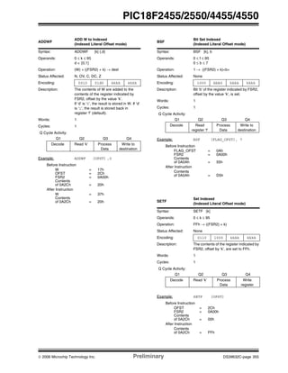 © 2006 Microchip Technology Inc. Preliminary DS39632C-page 355
PIC18F2455/2550/4455/4550
ADDWF
ADD W to Indexed
(Indexed Literal Offset mode)
Syntax: ADDWF [k] {,d}
Operands: 0 ≤ k ≤ 95
d ∈ [0,1]
Operation: (W) + ((FSR2) + k) → dest
Status Affected: N, OV, C, DC, Z
Encoding: 0010 01d0 kkkk kkkk
Description: The contents of W are added to the
contents of the register indicated by
FSR2, offset by the value ‘k’.
If ‘d’ is ‘0’, the result is stored in W. If ‘d’
is ‘1’, the result is stored back in
register ‘f’ (default).
Words: 1
Cycles: 1
Q Cycle Activity:
Q1 Q2 Q3 Q4
Decode Read ‘k’ Process
Data
Write to
destination
Example: ADDWF [OFST] ,0
Before Instruction
W = 17h
OFST = 2Ch
FSR2 = 0A00h
Contents
of 0A2Ch = 20h
After Instruction
W = 37h
Contents
of 0A2Ch = 20h
BSF
Bit Set Indexed
(Indexed Literal Offset mode)
Syntax: BSF [k], b
Operands: 0 ≤ f ≤ 95
0 ≤ b ≤ 7
Operation: 1 → ((FSR2) + k)<b>
Status Affected: None
Encoding: 1000 bbb0 kkkk kkkk
Description: Bit ‘b’ of the register indicated by FSR2,
offset by the value ‘k’, is set.
Words: 1
Cycles: 1
Q Cycle Activity:
Q1 Q2 Q3 Q4
Decode Read
register ‘f’
Process
Data
Write to
destination
Example: BSF [FLAG_OFST], 7
Before Instruction
FLAG_OFST = 0Ah
FSR2 = 0A00h
Contents
of 0A0Ah = 55h
After Instruction
Contents
of 0A0Ah = D5h
SETF
Set Indexed
(Indexed Literal Offset mode)
Syntax: SETF [k]
Operands: 0 ≤ k ≤ 95
Operation: FFh → ((FSR2) + k)
Status Affected: None
Encoding: 0110 1000 kkkk kkkk
Description: The contents of the register indicated by
FSR2, offset by ‘k’, are set to FFh.
Words: 1
Cycles: 1
Q Cycle Activity:
Q1 Q2 Q3 Q4
Decode Read ‘k’ Process
Data
Write
register
Example: SETF [OFST]
Before Instruction
OFST = 2Ch
FSR2 = 0A00h
Contents
of 0A2Ch = 00h
After Instruction
Contents
of 0A2Ch = FFh
 