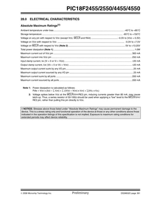 © 2006 Microchip Technology Inc. Preliminary DS39632C-page 361
PIC18F2455/2550/4455/4550
28.0 ELECTRICAL CHARACTERISTICS
Absolute Maximum Ratings(†)
Ambient temperature under bias...............................................................................................................-40°C to +85°C
Storage temperature .............................................................................................................................. -65°C to +150°C
Voltage on any pin with respect to VSS (except VDD, MCLR and RA4) .......................................... -0.3V to (VDD + 0.3V)
Voltage on VDD with respect to VSS ......................................................................................................... -0.3V to +7.5V
Voltage on MCLR with respect to VSS (Note 2) ......................................................................................... 0V to +13.25V
Total power dissipation (Note 1) ...............................................................................................................................1.0W
Maximum current out of VSS pin ...........................................................................................................................300 mA
Maximum current into VDD pin ..............................................................................................................................250 mA
Input clamp current, IIK (VI < 0 or VI > VDD)......................................................................................................................±20 mA
Output clamp current, IOK (VO < 0 or VO > VDD) ..............................................................................................................±20 mA
Maximum output current sunk by any I/O pin..........................................................................................................25 mA
Maximum output current sourced by any I/O pin ....................................................................................................25 mA
Maximum current sunk by all ports .......................................................................................................................200 mA
Maximum current sourced by all ports ..................................................................................................................200 mA
Note 1: Power dissipation is calculated as follows:
Pdis = VDD x {IDD – ∑ IOH} + ∑ {(VDD – VOH) x IOH} + ∑(VOL x IOL)
2: Voltage spikes below VSS at the MCLR/VPP/RE3 pin, inducing currents greater than 80 mA, may cause
latch-up. Thus, a series resistor of 50-100Ω should be used when applying a “low” level to the MCLR/VPP/
RE3 pin, rather than pulling this pin directly to VSS.
† NOTICE: Stresses above those listed under “Absolute Maximum Ratings” may cause permanent damage to the
device. This is a stress rating only and functional operation of the device at those or any other conditions above those
indicated in the operation listings of this specification is not implied. Exposure to maximum rating conditions for
extended periods may affect device reliability.
 