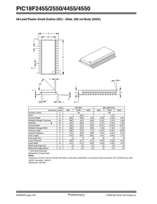 PIC18F2455/2550/4455/4550
DS39632C-page 404 Preliminary © 2006 Microchip Technology Inc.
28-Lead Plastic Small Outline (SO) – Wide, 300 mil Body (SOIC)
Foot Angle Top φ 0 4 8 0 4 8
1512015120βMold Draft Angle Bottom
1512015120αMold Draft Angle Top
0.510.420.36.020.017.014BLead Width
0.330.280.23.013.011.009cLead Thickness
1.270.840.41.050.033.016LFoot Length
0.740.500.25.029.020.010hChamfer Distance
18.0817.8717.65.712.704.695DOverall Length
7.597.497.32.299.295.288E1Molded Package Width
10.6710.3410.01.420.407.394EOverall Width
0.300.200.10.012.008.004A1Standoff §
2.392.312.24.094.091.088A2Molded Package Thickness
2.642.502.36.104.099.093AOverall Height
1.27.050pPitch
2828nNumber of Pins
MAXNOMMINMAXNOMMINDimension Limits
MILLIMETERSINCHES*Units
2
1
D
p
n
B
E
E1
L
c
β
45°
h
φ
A2
α
A
A1
* Controlling Parameter
Notes:
Dimensions D and E1 do not include mold flash or protrusions. Mold flash or protrusions shall not exceed .010” (0.254mm) per side.
JEDEC Equivalent: MS-013
Drawing No. C04-052
§ Significant Characteristic
 