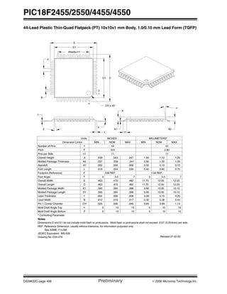 PIC18F2455/2550/4455/4550
DS39632C-page 406 Preliminary © 2006 Microchip Technology Inc.
44-Lead Plastic Thin-Quad Flatpack (PT) 10x10x1 mm Body, 1.0/0.10 mm Lead Form (TQFP)
F
A
A1 A2
α
E
E1
#leads=n1
p
B
D1 D
n
1
2
φ
c
β
L
CH x 45°
1.140.890.64.045.035.025CHPin 1 Corner Chamfer
1.00 REF..039 REF.FFootprint (Reference)
Units INCHES MILLIMETERS*
Dimension Limits MIN NOM MAX MIN NOM MAX
Number of Pins n 44 44
Pitch p .031 0.80
Overall Height A .039 .043 .047 1.00 1.10 1.20
Molded Package Thickness A2 .037 .039 .041 0.95 1.00 1.05
Standoff A1 .002 .004 .006 0.05 0.10 0.15
Foot Length L .018 .024 .030 0.45 0.60 0.75
Foot Angle φ 0 3.5 7 0 3.5 7
Overall Width E .463 .472 .482 11.75 12.00 12.25
Overall Length D .463 .472 .482 11.75 12.00 12.25
Molded Package Width E1 .390 .394 .398 9.90 10.00 10.10
Molded Package Length D1 .390 .394 .398 9.90 10.00 10.10
Pins per Side n1 11 11
Lead Thickness c .004 .006 .008 0.09 0.15 0.20
Lead Width B .012 .015 .017 0.30 0.38 0.44
Mold Draft Angle Top α 5 10 15 5 10 15
Mold Draft Angle Bottom β 5 10 15 5 10 15
Dimensions D and E1 do not include mold flash or protrusions. Mold flash or protrusions shall not exceed .010" (0.254mm) per side.
Notes:
JEDEC Equivalent: MS-026
Revised 07-22-05
* Controlling Parameter
REF: Reference Dimension, usually without tolerance, for information purposes only.
See ASME Y14.5M
Drawing No. C04-076
 