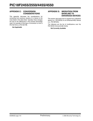 PIC18F2455/2550/4455/4550
DS39632C-page 410 Preliminary © 2006 Microchip Technology Inc.
APPENDIX C: CONVERSION
CONSIDERATIONS
This appendix discusses the considerations for
converting from previous versions of a device to the
ones listed in this data sheet. Typically, these changes
are due to the differences in the process technology
used. An example of this type of conversion is from a
PIC16C74A to a PIC16C74B.
Not Applicable
APPENDIX D: MIGRATION FROM
BASELINE TO
ENHANCED DEVICES
This section discusses how to migrate from a Baseline
device (i.e., PIC16C5X) to an Enhanced MCU device
(i.e., PIC18FXXX).
The following are the list of modifications over the
PIC16C5X microcontroller family:
Not Currently Available
 