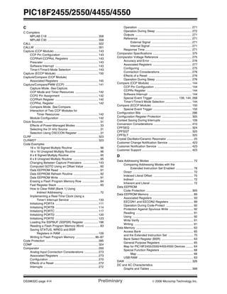 PIC18F2455/2550/4455/4550
DS39632C-page 414 Preliminary © 2006 Microchip Technology Inc.
C
C Compilers
MPLAB C18 .............................................................358
MPLAB C30 .............................................................358
CALL ................................................................................322
CALLW .............................................................................351
Capture (CCP Module) .....................................................143
CCP Pin Configuration .............................................143
CCPRxH:CCPRxL Registers ...................................143
Prescaler ..................................................................143
Software Interrupt ....................................................143
Timer1/Timer3 Mode Selection ................................143
Capture (ECCP Module) ..................................................150
Capture/Compare (CCP Module)
Associated Registers ...............................................145
Capture/Compare/PWM (CCP) ........................................141
Capture Mode. See Capture.
CCP Mode and Timer Resources ............................142
CCP2 Pin Assignment .............................................142
CCPRxH Register ....................................................142
CCPRxL Register .....................................................142
Compare Mode. See Compare.
Interaction of Two CCP Modules for
Timer Resources ..............................................142
Module Configuration ...............................................142
Clock Sources ....................................................................31
Effects of Power-Managed Modes .............................33
Selecting the 31 kHz Source ......................................31
Selection Using OSCCON Register ...........................31
CLRF ................................................................................323
CLRWDT ..........................................................................323
Code Examples
16 x 16 Signed Multiply Routine ................................96
16 x 16 Unsigned Multiply Routine ............................96
8 x 8 Signed Multiply Routine ....................................95
8 x 8 Unsigned Multiply Routine ................................95
Changing Between Capture Prescalers ...................143
Computed GOTO Using an Offset Value ...................60
Data EEPROM Read .................................................91
Data EEPROM Refresh Routine ................................92
Data EEPROM Write .................................................91
Erasing a Flash Program Memory Row .....................84
Fast Register Stack ....................................................60
How to Clear RAM (Bank 1) Using
Indirect Addressing ............................................72
Implementing a Real-Time Clock Using a
Timer1 Interrupt Service ..................................133
Initializing PORTA ....................................................111
Initializing PORTB ....................................................114
Initializing PORTC ....................................................117
Initializing PORTD ....................................................120
Initializing PORTE ....................................................123
Loading the SSPBUF (SSPSR) Register .................196
Reading a Flash Program Memory Word ..................83
Saving STATUS, WREG and BSR
Registers in RAM .............................................109
Writing to Flash Program Memory ....................... 86–87
Code Protection ...............................................................285
COMF ...............................................................................324
Comparator ......................................................................269
Analog Input Connection Considerations .................273
Associated Registers ...............................................273
Configuration ............................................................270
Effects of a Reset .....................................................272
Interrupts ..................................................................272
Operation ................................................................. 271
Operation During Sleep ........................................... 272
Outputs .................................................................... 271
Reference ................................................................ 271
External Signal ................................................ 271
Internal Signal .................................................. 271
Response Time ........................................................ 271
Comparator Specifications ............................................... 375
Comparator Voltage Reference ....................................... 275
Accuracy and Error .................................................. 276
Associated Registers ............................................... 277
Configuring .............................................................. 275
Connection Considerations ...................................... 276
Effects of a Reset .................................................... 276
Operation During Sleep ........................................... 276
Compare (CCP Module) .................................................. 144
CCP Pin Configuration ............................................. 144
CCPRx Register ...................................................... 144
Software Interrupt .................................................... 144
Special Event Trigger .............................. 139, 144, 268
Timer1/Timer3 Mode Selection ................................ 144
Compare (ECCP Module) ................................................ 150
Special Event Trigger .............................................. 150
Configuration Bits ............................................................ 286
Configuration Register Protection .................................... 305
Context Saving During Interrupts ..................................... 109
Conversion Considerations .............................................. 410
CPFSEQ .......................................................................... 324
CPFSGT .......................................................................... 325
CPFSLT ........................................................................... 325
Crystal Oscillator/Ceramic Resonator ................................ 25
Customer Change Notification Service ............................ 423
Customer Notification Service ......................................... 423
Customer Support ............................................................ 423
D
Data Addressing Modes .................................................... 72
Comparing Addressing Modes with the
Extended Instruction Set Enabled ..................... 76
Direct ......................................................................... 72
Indexed Literal Offset ................................................ 75
Indirect ....................................................................... 72
Inherent and Literal .................................................... 72
Data EEPROM
Code Protection ....................................................... 305
Data EEPROM Memory ..................................................... 89
Associated Registers ................................................. 93
EECON1 and EECON2 Registers ............................. 89
Operation During Code-Protect ................................. 92
Protection Against Spurious Write ............................. 92
Reading ..................................................................... 91
Using ......................................................................... 92
Write Verify ................................................................ 91
Writing ....................................................................... 91
Data Memory ..................................................................... 63
Access Bank .............................................................. 65
and the Extended Instruction Set .............................. 75
Bank Select Register (BSR) ...................................... 63
General Purpose Registers ....................................... 65
Map for PIC18F2455/2550/4455/4550 Devices ......... 64
Special Function Registers ........................................ 66
Map .................................................................... 66
USB RAM .................................................................. 63
DAW ................................................................................ 326
DC and AC Characteristics
Graphs and Tables .................................................. 399
 