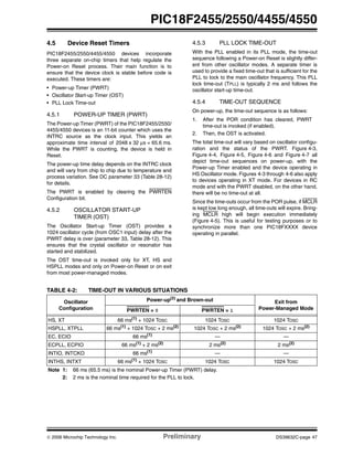 © 2006 Microchip Technology Inc. Preliminary DS39632C-page 47
PIC18F2455/2550/4455/4550
4.5 Device Reset Timers
PIC18F2455/2550/4455/4550 devices incorporate
three separate on-chip timers that help regulate the
Power-on Reset process. Their main function is to
ensure that the device clock is stable before code is
executed. These timers are:
• Power-up Timer (PWRT)
• Oscillator Start-up Timer (OST)
• PLL Lock Time-out
4.5.1 POWER-UP TIMER (PWRT)
The Power-up Timer (PWRT) of the PIC18F2455/2550/
4455/4550 devices is an 11-bit counter which uses the
INTRC source as the clock input. This yields an
approximate time interval of 2048 x 32 μs = 65.6 ms.
While the PWRT is counting, the device is held in
Reset.
The power-up time delay depends on the INTRC clock
and will vary from chip to chip due to temperature and
process variation. See DC parameter 33 (Table 28-12)
for details.
The PWRT is enabled by clearing the PWRTEN
Configuration bit.
4.5.2 OSCILLATOR START-UP
TIMER (OST)
The Oscillator Start-up Timer (OST) provides a
1024 oscillator cycle (from OSC1 input) delay after the
PWRT delay is over (parameter 33, Table 28-12). This
ensures that the crystal oscillator or resonator has
started and stabilized.
The OST time-out is invoked only for XT, HS and
HSPLL modes and only on Power-on Reset or on exit
from most power-managed modes.
4.5.3 PLL LOCK TIME-OUT
With the PLL enabled in its PLL mode, the time-out
sequence following a Power-on Reset is slightly differ-
ent from other oscillator modes. A separate timer is
used to provide a fixed time-out that is sufficient for the
PLL to lock to the main oscillator frequency. This PLL
lock time-out (TPLL) is typically 2 ms and follows the
oscillator start-up time-out.
4.5.4 TIME-OUT SEQUENCE
On power-up, the time-out sequence is as follows:
1. After the POR condition has cleared, PWRT
time-out is invoked (if enabled).
2. Then, the OST is activated.
The total time-out will vary based on oscillator configu-
ration and the status of the PWRT. Figure 4-3,
Figure 4-4, Figure 4-5, Figure 4-6 and Figure 4-7 all
depict time-out sequences on power-up, with the
Power-up Timer enabled and the device operating in
HS Oscillator mode. Figures 4-3 through 4-6 also apply
to devices operating in XT mode. For devices in RC
mode and with the PWRT disabled, on the other hand,
there will be no time-out at all.
Since the time-outs occur from the POR pulse, if MCLR
is kept low long enough, all time-outs will expire. Bring-
ing MCLR high will begin execution immediately
(Figure 4-5). This is useful for testing purposes or to
synchronize more than one PIC18FXXXX device
operating in parallel.
TABLE 4-2: TIME-OUT IN VARIOUS SITUATIONS
Oscillator
Configuration
Power-up(2) and Brown-out Exit from
Power-Managed ModePWRTEN = 0 PWRTEN = 1
HS, XT 66 ms(1) + 1024 TOSC 1024 TOSC 1024 TOSC
HSPLL, XTPLL 66 ms(1)
+ 1024 TOSC + 2 ms(2)
1024 TOSC + 2 ms(2)
1024 TOSC + 2 ms(2)
EC, ECIO 66 ms(1)
— —
ECPLL, ECPIO 66 ms(1)
+ 2 ms(2)
2 ms(2)
2 ms(2)
INTIO, INTCKO 66 ms(1)
— —
INTHS, INTXT 66 ms(1) + 1024 TOSC 1024 TOSC 1024 TOSC
Note 1: 66 ms (65.5 ms) is the nominal Power-up Timer (PWRT) delay.
2: 2 ms is the nominal time required for the PLL to lock.
 