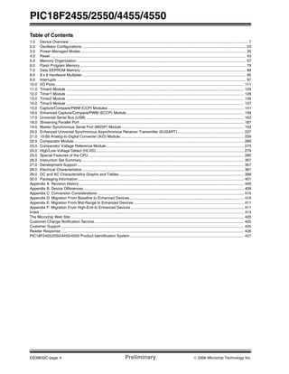 PIC18F2455/2550/4455/4550
DS39632C-page 4 Preliminary © 2006 Microchip Technology Inc.
Table of Contents
1.0 Device Overview .......................................................................................................................................................................... 7
2.0 Oscillator Configurations ............................................................................................................................................................ 23
3.0 Power-Managed Modes ............................................................................................................................................................. 35
4.0 Reset .......................................................................................................................................................................................... 43
5.0 Memory Organization ................................................................................................................................................................. 57
6.0 Flash Program Memory.............................................................................................................................................................. 79
7.0 Data EEPROM Memory ............................................................................................................................................................. 89
8.0 8 x 8 Hardware Multiplier............................................................................................................................................................ 95
9.0 Interrupts .................................................................................................................................................................................... 97
10.0 I/O Ports ................................................................................................................................................................................... 111
11.0 Timer0 Module ......................................................................................................................................................................... 125
12.0 Timer1 Module ......................................................................................................................................................................... 129
13.0 Timer2 Module ......................................................................................................................................................................... 135
14.0 Timer3 Module ......................................................................................................................................................................... 137
15.0 Capture/Compare/PWM (CCP) Modules ................................................................................................................................. 141
16.0 Enhanced Capture/Compare/PWM (ECCP) Module................................................................................................................ 149
17.0 Universal Serial Bus (USB) ...................................................................................................................................................... 163
18.0 Streaming Parallel Port ............................................................................................................................................................ 187
19.0 Master Synchronous Serial Port (MSSP) Module .................................................................................................................... 193
20.0 Enhanced Universal Synchronous Asynchronous Receiver Transmitter (EUSART) ............................................................... 237
21.0 10-Bit Analog-to-Digital Converter (A/D) Module ..................................................................................................................... 259
22.0 Comparator Module.................................................................................................................................................................. 269
23.0 Comparator Voltage Reference Module................................................................................................................................... 275
24.0 High/Low-Voltage Detect (HLVD)............................................................................................................................................. 279
25.0 Special Features of the CPU.................................................................................................................................................... 285
26.0 Instruction Set Summary .......................................................................................................................................................... 307
27.0 Development Support............................................................................................................................................................... 357
28.0 Electrical Characteristics .......................................................................................................................................................... 361
29.0 DC and AC Characteristics Graphs and Tables....................................................................................................................... 399
30.0 Packaging Information.............................................................................................................................................................. 401
Appendix A: Revision History............................................................................................................................................................. 409
Appendix B: Device Differences......................................................................................................................................................... 409
Appendix C: Conversion Considerations ........................................................................................................................................... 410
Appendix D: Migration From Baseline to Enhanced Devices............................................................................................................. 410
Appendix E: Migration From Mid-Range to Enhanced Devices......................................................................................................... 411
Appendix F: Migration From High-End to Enhanced Devices............................................................................................................ 411
Index .................................................................................................................................................................................................. 413
The Microchip Web Site..................................................................................................................................................................... 425
Customer Change Notification Service .............................................................................................................................................. 425
Customer Support.............................................................................................................................................................................. 425
Reader Response .............................................................................................................................................................................. 426
PIC18F2455/2550/4455/4550 Product Identification System ............................................................................................................ 427
 