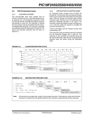 © 2006 Microchip Technology Inc. Preliminary DS39632C-page 61
PIC18F2455/2550/4455/4550
5.2 PIC18 Instruction Cycle
5.2.1 CLOCKING SCHEME
The microcontroller clock input, whether from an
internal or external source, is internally divided by four
to generate four non-overlapping quadrature clocks
(Q1, Q2, Q3 and Q4). Internally, the program counter is
incremented on every Q1; the instruction is fetched
from the program memory and latched into the Instruc-
tion Register (IR) during Q4. The instruction is decoded
and executed during the following Q1 through Q4. The
clocks and instruction execution flow are shown in
Figure 5-3.
5.2.2 INSTRUCTION FLOW/PIPELINING
An “Instruction Cycle” consists of four Q cycles: Q1
through Q4. The instruction fetch and execute are pipe-
lined in such a manner that a fetch takes one instruction
cycle, while the decode and execute takes another
instruction cycle. However, due to the pipelining, each
instruction effectively executes in one cycle. If an
instruction causes the program counter to change (e.g.,
GOTO), then two cycles are required to complete the
instruction (Example 5-3).
A fetch cycle begins with the Program Counter (PC)
incrementing in Q1.
In the execution cycle, the fetched instruction is latched
into the Instruction Register (IR) in cycle Q1. This
instruction is then decoded and executed during the
Q2, Q3 and Q4 cycles. Data memory is read during Q2
(operand read) and written during Q4 (destination
write).
FIGURE 5-3: CLOCK/INSTRUCTION CYCLE
EXAMPLE 5-3: INSTRUCTION PIPELINE FLOW
Q1 Q2 Q3 Q4 Q1 Q2 Q3 Q4 Q1 Q2 Q3 Q4
OSC1
Q1
Q2
Q3
Q4
PC
OSC2/CLKO
(RC mode)
PC PC + 2 PC + 4
Fetch INST (PC)
Execute INST (PC – 2)
Fetch INST (PC + 2)
Execute INST (PC)
Fetch INST (PC + 4)
Execute INST (PC + 2)
Internal
Phase
Clock
Note: All instructions are single cycle, except for any program branches. These take two cycles since the fetch
instruction is “flushed” from the pipeline while the new instruction is being fetched and then executed.
TCY0 TCY1 TCY2 TCY3 TCY4 TCY5
1. MOVLW 55h Fetch 1 Execute 1
2. MOVWF PORTB Fetch 2 Execute 2
3. BRA SUB_1 Fetch 3 Execute 3
4. BSF PORTA, BIT3 (Forced NOP) Fetch 4 Flush (NOP)
5. Instruction @ address SUB_1 Fetch SUB_1 Execute SUB_1
 