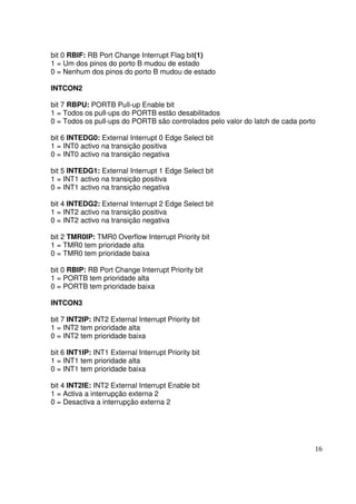 bit 0 RBIF: RB Port Change Interrupt Flag bit(1)
1 = Um dos pinos do porto B mudou de estado
0 = Nenhum dos pinos do porto B mudou de estado
INTCON2
bit 7 RBPU: PORTB Pull-up Enable bit
1 = Todos os pull-ups do PORTB estão desabilitados
0 = Todos os pull-ups do PORTB são controlados pelo valor do latch de cada porto
bit 6 INTEDG0: External Interrupt 0 Edge Select bit
1 = INT0 activo na transição positiva
0 = INT0 activo na transição negativa
bit 5 INTEDG1: External Interrupt 1 Edge Select bit
1 = INT1 activo na transição positiva
0 = INT1 activo na transição negativa
bit 4 INTEDG2: External Interrupt 2 Edge Select bit
1 = INT2 activo na transição positiva
0 = INT2 activo na transição negativa
bit 2 TMR0IP: TMR0 Overflow Interrupt Priority bit
1 = TMR0 tem prioridade alta
0 = TMR0 tem prioridade baixa
bit 0 RBIP: RB Port Change Interrupt Priority bit
1 = PORTB tem prioridade alta
0 = PORTB tem prioridade baixa
INTCON3
bit 7 INT2IP: INT2 External Interrupt Priority bit
1 = INT2 tem prioridade alta
0 = INT2 tem prioridade baixa
bit 6 INT1IP: INT1 External Interrupt Priority bit
1 = INT1 tem prioridade alta
0 = INT1 tem prioridade baixa
bit 4 INT2IE: INT2 External Interrupt Enable bit
1 = Activa a interrupção externa 2
0 = Desactiva a interrupção externa 2

16

 