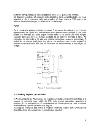 porto B é configurado para saída excepto os pinos 0 e 7 que são de entrada.
Os dispositivos actuais só possuem este dispositivo para compatibilidade e os mais
recentes já não o possuem, pelo que o código só deve referir o TRIS quando se
refere a dispositivos antigos ou ao reutilizar código antigo.
PORT
Cada um destes registos controla um porto. O esquema de cada pino encontra-se
representado na Figura 1.6. Normalmente cada porto é composto por 8 bits (mas
podem ser menos), ou ainda algum destes estar a ser usado por uma função
especial, pelo que deve ser tomado cuidado ao se escrever em todo o porto. As
instruções de escrita bit a bit são uma prática mais eficaz, segura e perceptível. A
atribuição de nomes inteligíveis aos pinos que realizam uma função específica
também é recomendada em prol da facilidade de compreensão e depuração do
código.

Figura 7: Esquema de um pino

W – Working Register (Acumulador)
O Working register ou Acumulador é o registo onde tudo normalmente acontece. É o
espaço de memória mais volátil do PIC, pois poucas operações garantem a
manutenção do seu conteúdo. O conteúdo que se deseje preservar deve então ser
imediatamente copiado para um local seguro.
A analogia a reter para boa prática é imaginar o Working register como uma espécie
de ardósia onde se escrevem os resultados dos cálculos.

8

 