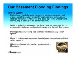 Our Basement Flooding Findings 
Sanitary System: 
• During heavy rainfall events, the ground becomes extremely wet, 
water enters the sanitary system through cracks or broken pipes, 
cracked maintenance hole walls and loose pipe joints underground, 
contributing to backup of the sanitary sewers. 
• Water entering the basement from the surface via basement doors, 
window sills, and reverse-sloped driveways, and through floor drains. 
• Downspouts and weeping tiles connected to the sanitary sewer 
system. 
• Illegal or unknown cross-connections between the sanitary and storm 
sewer systems. 
• Oil/grease dumped into sanitary sewers causing 
blockages. 
 