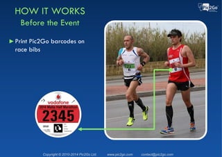 Copyright © 2015 Pic2Go Ltd. Patent Pending www.pic2go.com contact@pic2go.com
Adding visual performance data to participants photos posted to Facebook
Pic2Go PerformancePhotosTM
► Running Pace ► Time & Distance ► Route Details ► Location on Map
 