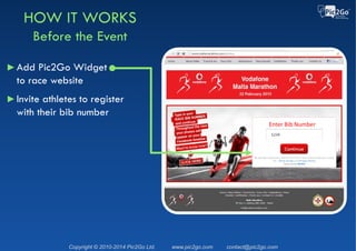 Copyright © 2015 Pic2Go Ltd. Patent Pending www.pic2go.com contact@pic2go.com
Mykhaylo Tkachenko
Marketing Director
Run Ukraine
“We have used Pic2Go Performance
Photos in the 2015 Kyiv Marathon
this year.
That was a great experience for us
as we could let our athletes share
their running performance in a new
and exciting way.
The feedback from the participants
was really positive as this would let
them to keep the memory and have
an subject to be proud of for many
years.”
“Let participants Track & Share their achievements
in a new, exciting and engaging way!”
Pic2Go PerformancePhotosTM
 