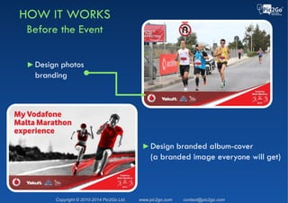 Copyright © 2015 Pic2Go Ltd. Patent Pending www.pic2go.com contact@pic2go.com
Races & Sponsors Using Pic2Go
2015 Samsung Tel Aviv Marathon
►100K photos taken
►9K participants posted
photos to Facebook
►14 Million Facebook
impressions
►400K Facebook Likes
►30K Facebook comments
 