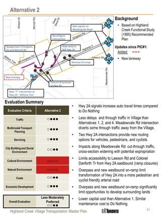 Highland Creek Village Transportation Master Plan
Alternative 2
11
Evaluation Criteria Alternative 2
Traffic ○●●●
Multimodal Transport
Planning
○●●●
Servicing ○●●●
City Building and Social
Environment
○○●●
Cultural Environment ○○○○
Natural Environment ○○○○
Costs ○○●●
Economic Development ○●●●
Overall Evaluation
Less Moderately
Preferred
○○●●
• Based on Highland
Creek Functional Study
(1995) Recommended
Plan
Added:
• New laneway
Evaluation Summary
Background
• Hwy 2A signals increase auto travel times compared
to Do Nothing
• Less delays and through traffic in Village than
Alternatives 1, 2, and 4. Meadowvale Rd intersection
diverts some through traffic away from the Village.
• Two Hwy 2A intersections provide new routing
options for vehicles, pedestrians, and cyclists
• Impacts along Meadowvale Rd: cut-through traffic,
cross-section widening with potential expropriation
• Limits accessibility to Lawson Rd and Colonel
Danforth Tr from Hwy 2A eastbound (ramp closures)
• Overpass and new westbound on-ramp limit
transformation of Hwy 2A into a more pedestrian and
cyclist friendly arterial road
• Overpass and new westbound on-ramp significantly
limit opportunities to develop surrounding lands
• Lower capital cost than Alternative 1. Similar
maintenance cost to Do Nothing.
New signals on
Meadowvale Road
New “T” intersection at
Hwy 2A – Military Trail
Reconfigure
intersection
Realignment of Kingston
Rd and Morrish Rd
Closure of accesses
to Hwy 2A
New ramp to
WB Hwy 2A
New laneway
Removal of ramps
MorrishRd
WatsonSt
MeadowvaleRd
Lawson Rd
Updates since PIC#1:
 