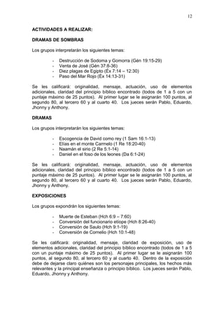 ACTIVIDADES A REALIZAR:
DRAMAS DE SOMBRAS
Los grupos interpretarán los siguientes temas:
- Destrucción de Sodoma y Gomorra (Gén 19:15-29)
- Venta de José (Gén 37:8-36)
- Diez plagas de Egipto (Éx 7:14 – 12:30)
- Paso del Mar Rojo (Éx 14:13-31)
Se les calificará: originalidad, mensaje, actuación, uso de elementos
adicionales, claridad del principio bíblico encontrado (todos de 1 a 5 con un
puntaje máximo de 25 puntos). Al primer lugar se le asignarán 100 puntos, al
segundo 80, al tercero 60 y al cuarto 40. Los jueces serán Pablo, Eduardo,
Jhonny y Anthony.
DRAMAS
Los grupos interpretarán los siguientes temas:
- Escogencia de David como rey (1 Sam 16:1-13)
- Elías en el monte Carmelo (1 Re 18:20-40)
- Naamán el sirio (2 Re 5:1-14)
- Daniel en el foso de los leones (Da 6:1-24)
Se les calificará: originalidad, mensaje, actuación, uso de elementos
adicionales, claridad del principio bíblico encontrado (todos de 1 a 5 con un
puntaje máximo de 25 puntos). Al primer lugar se le asignarán 100 puntos, al
segundo 80, al tercero 60 y al cuarto 40. Los jueces serán Pablo, Eduardo,
Jhonny y Anthony.
EXPOSICIONES
Los grupos expondrán los siguientes temas:
- Muerte de Esteban (Hch 6:9 – 7:60)
- Conversión del funcionario etíope (Hch 8:26-40)
- Conversión de Saulo (Hch 9:1-19)
- Conversión de Cornelio (Hch 10:1-48)
Se les calificará: originalidad, mensaje, claridad de exposición, uso de
elementos adicionales, claridad del principio bíblico encontrado (todos de 1 a 5
con un puntaje máximo de 25 puntos). Al primer lugar se le asignarán 100
puntos, al segundo 80, al tercero 60 y al cuarto 40. Dentro de la exposición
debe de dejarse claro quiénes son los personajes principales, los hechos más
relevantes y la principal enseñanza o principio bíblico. Los jueces serán Pablo,
Eduardo, Jhonny y Anthony.
12
 