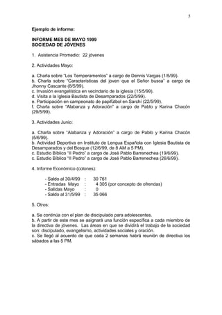 Ejemplo de informe:
INFORME MES DE MAYO 1999
SOCIEDAD DE JÓVENES
1. Asistencia Promedio: 22 jóvenes
2. Actividades Mayo:
a. Charla sobre “Los Temperamentos” a cargo de Dennis Vargas (1/5/99).
b. Charla sobre “Características del joven que el Señor busca” a cargo de
Jhonny Cascante (8/5/99).
c. Invasión evangelística en vecindario de la iglesia (15/5/99).
d. Visita a la Iglesia Bautista de Desamparados (22/5/99).
e. Participación en campeonato de papifútbol en Sarchí (22/5/99).
f. Charla sobre “Alabanza y Adoración” a cargo de Pablo y Karina Chacón
(29/5/99).
3. Actividades Junio:
a. Charla sobre “Alabanza y Adoración” a cargo de Pablo y Karina Chacón
(5/6/99).
b. Actividad Deportiva en Instituto de Lengua Española con Iglesia Bautista de
Desamparados y del Bosque (12/6/99, de 8 AM a 5 PM).
c. Estudio Bíblico “II Pedro” a cargo de José Pablo Barrenechea (19/6/99).
c. Estudio Bíblico “II Pedro” a cargo de José Pablo Barrenechea (26/6/99).
4. Informe Económico (colones):
- Saldo al 30/4/99 : 30 761
- Entradas Mayo : 4 305 (por concepto de ofrendas)
- Salidas Mayo : 0
- Saldo al 31/5/99 : 35 066
5. Otros:
a. Se continúa con el plan de discipulado para adolescentes.
b. A partir de este mes se asignará una función específica a cada miembro de
la directiva de jóvenes. Las áreas en que se dividirá el trabajo de la sociedad
son: discipulado, evangelismo, actividades sociales y oración.
c. Se llegó al acuerdo de que cada 2 semanas habrá reunión de directiva los
sábados a las 5 PM.
5
 