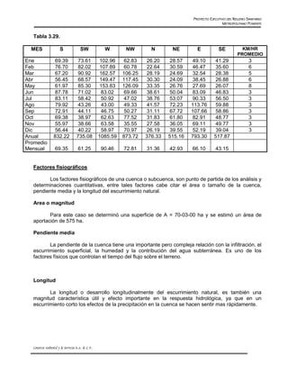 PROYECTO EJECUTIVO DEL RELLENO SANITARIO
                                                                                                           METROPOLITANO PONIENTE


   Tabla 3.29.

  MES                   S               SW             W        NW        N       NE        E           SE           KM/HR
                                                                                                                   PROMEDIO
Ene                69.39              73.61           102.96    62.83   26.20     28.57   49.10        41.29              3
Feb                76.70              82.02           107.89    60.78   22.64     30.59   46.47        35.60              6
Mar                67.20              90.92           162.57   106.25   28.19     24.69   32.54        28.38              5
Abr                56.45              68.57           149.47   117.45   30.30     24.09   38.45        26.88              6
May                61.97              85.30           153.83   126.09   33.35     26.76   27.69        26.07              8
Jun                87.78              71.02           83.02     69.66   38.61     50.04   83.09        46.83              3
Jul                83.11              58.42           50.92     47.02   38.76     53.07   90.33        56.50              3
Ago                79.92              43.26           43.00     49.33   41.57     72.23   113.76       59.88              3
Sep                72.91              44.11           46.75     50.27   31.11     67.72   107.66       58.86              3
Oct                69.38              38.97           62.63     77.52   31.83     61.80   82.91        48.77              3
Nov                55.97              38.66           63.58     35.55   27.58     36.05   69.11        49.77              3
Dic                56.44              40.22            58.97    70.97    26.19    39.55    52.19       39.04              3
Anual              832.22            735.08          1085.59   873.72   376.33   515.16   793.30      517.87
Promedio
Mensual             69.35             61.25           90.46    72.81    31.36    42.93    66.10       43.15


   Factores fisiográficos

         Los factores fisiográficos de una cuenca o subcuenca, son punto de partida de los análisis y
   determinaciones cuantitativas, entre tales factores cabe citar el área o tamaño de la cuenca,
   pendiente media y la longitud del escurrimiento natural.

   Area o magnitud

          Para este caso se determinó una superficie de A = 70-03-00 ha y se estimó un área de
   aportación de 575 ha.

   Pendiente media

          La pendiente de la cuenca tiene una importante pero compleja relación con la infiltración, el
   escurrimiento superficial, la humedad y la contribución del agua subterránea. Es uno de los
   factores físicos que controlan el tiempo del flujo sobre el terreno.



   Longitud

          La longitud o desarrollo longitudinalmente del escurrimiento natural, es también una
   magnitud característica útil y efecto importante en la respuesta hidrológica, ya que en un
   escurrimiento corto los efectos de la precipitación en la cuenca se hacen sentir mas rápidamente.




   Consorcio Ambiental y de Servicios S.A. de C.V.
 