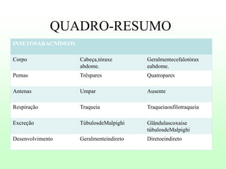 QUADRO-RESUMO
INSETOSARACNÍDEOS
Corpo

Cabeça,tóraxe
abdome.

Geralmentecefalotórax
eabdome.

Pernas

Trêspares

Quatropares

Antenas

Umpar

Ausente

Respiração

Traqueia

Traqueiaoufilotraqueia

Excreção

TúbulosdeMalpighi

Glândulascoxaise
túbulosdeMalpighi

Desenvolvimento

Geralmenteindireto

Diretoeindireto

 