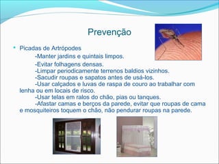 Prevenção
 Picadas de Artrópodes
       -Manter jardins e quintais limpos.
       -Evitar folhagens densas.
       -Limpar periodicamente terrenos baldios vizinhos.
       -Sacudir roupas e sapatos antes de usá-los.
       -Usar calçados e luvas de raspa de couro ao trabalhar com
  lenha ou em locais de risco.
       -Usar telas em ralos do chão, pias ou tanques.
       -Afastar camas e berços da parede, evitar que roupas de cama
  e mosquiteiros toquem o chão, não pendurar roupas na parede.
 