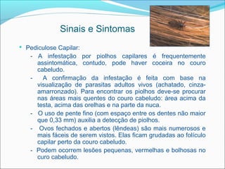 Sinais e Sintomas
 Pediculose Capilar:
   - A infestação por piolhos capilares é frequentemente
     assintomática, contudo, pode haver coceira no couro
     cabeludo.
   -   A confirmação da infestação é feita com base na
     visualização de parasitas adultos vivos (achatado, cinza-
     amarronzado). Para encontrar os piolhos deve-se procurar
     nas áreas mais quentes do couro cabeludo: área acima da
     testa, acima das orelhas e na parte da nuca.
   - O uso de pente fino (com espaço entre os dentes não maior
     que 0,33 mm) auxilia a detecção de piolhos.
   - Ovos fechados e abertos (lêndeas) são mais numerosos e
     mais fáceis de serem vistos. Elas ficam grudadas ao folículo
     capilar perto da couro cabeludo.
   - Podem ocorrem lesões pequenas, vermelhas e bolhosas no
     curo cabeludo.
 