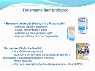 Tratamento farmacológico


  Benzoato de benzila (Miticoçan® e Parasimed®)
        - emulsão tópica e sabonete;
        - eficaz, mas irritante à pele;
        - ardência na área genital e rosto;
        - atua no sistema nervoso do parasita;



 Permetrina (Nedax® e Kwell ®)
        - alta eficácia e segurança;
        - atua sobre as nervosas do parasita, atrasando a
polarização e provocando paralisia e morte;
        - creme ou loção;
        - 30g para uma aplicação da cabeça aos pés – atuar 8-12 h;
 