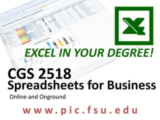 EXCEL IN YOUR DEGREE! Exc CGS 2518 Spreadsheets for Business Online and Onground www.pic.fsu.edu 