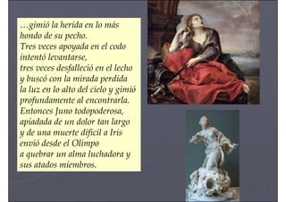 …gimió la herida en lo más
hondo de su pecho.
Tres veces apoyada en el codo
intentó levantarse,
tres veces desfalleció en el lecho
y buscó con la mirada perdida
la luz en lo alto del cielo y gimió
profundamente al encontrarla.
Entonces Juno todopoderosa,
apiadada de un dolor tan largo
y de una muerte difícil a Iris
envió desde el Olimpo
a quebrar un alma luchadora y
sus atados miembros.
 
