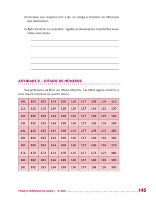145PROJETO INTENSIVO NO CICLO I – 3O
ANO	
d) Compare sua resposta com a de um colega e discutam as diferenças
que apareceram.
e) Após socializar as respostas, registre as observações importantes levan-
tadas pela classe.
_____________________________________________________________
_____________________________________________________________
_____________________________________________________________
_____________________________________________________________
_____________________________________________________________
_____________________________________________________________
ATIVIDADE 2 – DITADO DE NÚMEROS
Sua professora irá fazer um ditado diferente. Ela ditará alguns números e
você deverá marcá-los no quadro abaixo.
101 102 103 104 105 106 107 108 109 110
111 112 113 114 115 116 117 118 119 120
121 122 123 124 125 126 127 128 129 130
131 132 133 134 135 136 137 138 139 140
141 142 143 144 145 146 147 148 149 150
151 152 153 154 155 156 157 158 159 160
161 162 163 164 165 166 167 168 169 170
171 172 173 174 175 176 177 178 179 180
181 182 183 184 185 186 187 188 189 190
191 192 193 194 195 196 197 198 199 200
 