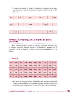 147PROJETO INTENSIVO NO CICLO I – 3O
ANO	
2) Você, com um colega de classe, irá descobrir os segredos da formação
das sequenciais abaixo. Em seguida, complete os números que estão
faltando.
10 30 50 70 100
110 150 180
171 179
ATIVIDADE 4: ORGANIZAR OS NÚMEROS EM ORDEM
CRESCENTE
Marta queria organizar o quadro de números em ordem crescente, mas
ao escrever alguns dos números acabou se atrapalhando e registrou fora da
sequência. Circule os números no quadro abaixo que foram escritos fora da
ordem.
Quadro 1
201 208 203 214 205 206 207 202 219 210
231 218 213 204 245 216 217 212 209 230
221 228 223 234 225 226 227 222 229 220
241 238 233 244 235 236 237 232 239 240
211 248 243 224 215 246 247 242 249 250
a)	Em dupla, compare os números que você circulou no quadro 1 e verifique
se são os mesmos que o do seu colega. Se houver alguma diferença, con-
verse com o seu colega e façam as correções que forem necessárias.
 