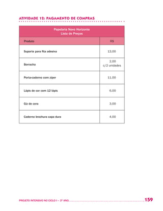 159PROJETO INTENSIVO NO CICLO I – 3O
ANO	
ATIVIDADE 12: PAGAMENTO DE COMPRAS
Papelaria Novo Horizonte
Lista de Preços
Produto R$
Suporte para fita adesiva 13,00
Borracha
2,00
c/2 unidades
Porta-caderno com zíper 11,00
Lápis de cor com 12 lápis 6,00
Giz de cera 3,00
Caderno brochura capa dura 4,00
 