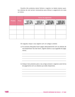 160 	 PROJETO INTENSIVO NO CICLO I – 3O
ANO
Escolha três produtos deste folheto e registre na tabela abaixo quan-
tas cédulas de real seriam necessárias para efetuar o pagamento de cada
um deles:
Em seguida, troque o seu registro com um colega e analise:
a)	As compras efetuadas foram pagas adequadamente com as cédulas de
real disponíveis? Se não foram, registre abaixo a sua sugestão de paga-
mento.
_______________________________________________________________
_______________________________________________________________
_______________________________________________________________
_______________________________________________________________
b)	Indique mais produtos para o seu amigo comprar e organize outra forma
de pagamento com as cédulas que estão disponíveis.
_______________________________________________________________
_______________________________________________________________
_______________________________________________________________
_______________________________________________________________
Produto Preço
Forma de pagamento
 