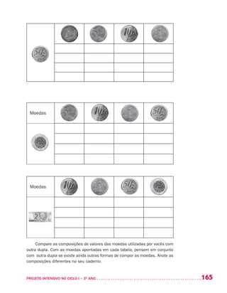 165PROJETO INTENSIVO NO CICLO I – 3O
ANO	
Moedas
Moedas
Compare as composições de valores das moedas utilizadas por vocês com
outra dupla. Com as moedas apontadas em cada tabela, pensem em conjunto
com outra dupla se existe ainda outras formas de compor as moedas. Anote as
composições diferentes no seu caderno.
 