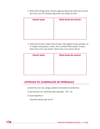 176 	 PROJETO INTENSIVO NO CICLO I – 3O
ANO
2. Pedro tinha 42 figurinhas. Ganhou algumas figurinhas ontem de uma ami-
ga e ficou com 53. Quantas figurinhas sua amiga lhe deu?
Resolvi assim Outra forma de resolver
3. José tinha 8 tasos. Pedro tinha 6 tasos. Eles jogaram duas partidas: na
1ª rodada José perdeu 2 tasos. Na 2ª partida Pedro perdeu 3 tasos.
	 Quem ficou com mais tasos? Quem ficou com menos tasos?
Resolvi assim Outra forma de resolver
ATIVIDADE 23: ELABORAÇÃO DE PROBLEMAS
Juntamente com seu colega, elabore enunciados de problemas:
a) Que possam ser resolvidos pela operação: 28 + 22.
b) Cuja pergunta é:
	 • Quantos peixes são azuis?
 