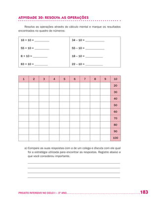 183PROJETO INTENSIVO NO CICLO I – 3O
ANO	
ATIVIDADE 30: RESOLVA AS OPERAÇÕES
Resolva as operações através do cálculo mental e marque os resultados
encontrados no quadro de números:
16 + 10 = __________
55 + 10 = __________
8 + 10 = __________
83 + 10 = _________
34 – 10 = _____________
55 – 10 = _____________
18 – 10 = ____________
22 – 10 = ____________
1 2 3 4 5 6 7 8 9 10
20
30
40
50
60
70
80
90
100
a) Compare as suas respostas com a de um colega e discuta com ele qual
foi a estratégia utilizada para encontrar as respostas. Registre abaixo a
que você considerou importante.
_______________________________________________________________
_______________________________________________________________
_______________________________________________________________
_______________________________________________________________
 