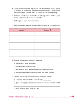 185PROJETO INTENSIVO NO CICLO I – 3O
ANO	
•	 O jogo inicia quando cada jogador vira, simultaneamente, a carta que es-
tá em cima de cada monte, soma os valores das cartas e quem obtiver
o maior resultado fica com todas as cartas, as suas e as do colega.
•	 Se houver empate, mais duas cartas de cada jogador são viradas e quem
obtiver o maior resultado leva as oito cartas.
•	 No final ganha quem tiver mais cartas.
1. 	Após cada jogada, registre no quadro abaixo a operação e os resultados:
Jogador 1 Jogador 2
2. Olhando para as suas anotações responda:
	 a) Qual a menor soma registrada? ___________________
	 b) Qual a maior soma registrada?_________________________
	 c) Qual a menor soma possível de se obter com estas cartas? ________
	 d) Qual a maior soma possível de se obter com estas cartas?_________
3. Olhando para os resultados das somas você pode afirmar:
	 a) É possível obter resultados acima de 50? ___________
	 b) Quais somas podem ter como resultado um número terminado por 5?
_______________________________________________________________
	 c) Quais números ficam entre 30 e 40? ________________________
 