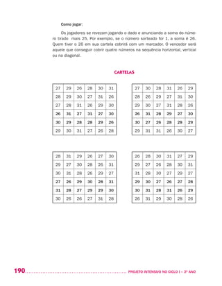 190 	 PROJETO INTENSIVO NO CICLO I – 3O
ANO
Como jogar:
Os jogadores se revezam jogando o dado e anunciando a soma do núme-
ro tirado mais 25. Por exemplo, se o número sorteado for 1, a soma é 26.
Quem tiver o 26 em sua cartela cobrirá com um marcador. O vencedor será
aquele que conseguir cobrir quatro números na sequência horizontal, vertical
ou na diagonal.
CARTELAS
27 29 26 28 30 31 27 30 28 31 26 29
28 29 30 27 31 26 28 26 29 27 31 30
27 28 31 26 29 30 29 30 27 31 28 26
26 31 27 31 27 30 26 31 28 29 27 30
30 29 28 28 29 26 30 27 26 28 28 29
29 30 31 27 26 28 29 31 31 26 30 27
28 31 29 26 27 30 26 28 30 31 27 29
29 27 30 28 26 31 29 27 26 28 30 31
30 31 28 26 29 27 31 28 30 27 29 27
27 26 29 30 28 31 29 30 27 26 27 28
31 28 27 29 29 30 30 31 28 31 26 29
30 26 26 27 31 28 26 31 29 30 28 26
 