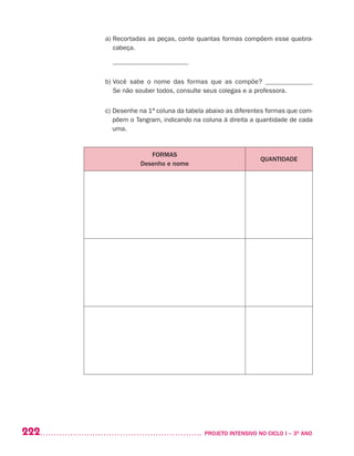 222 	 PROJETO INTENSIVO NO CICLO I – 3O
ANO
	 a) Recortadas as peças, conte quantas formas compõem esse quebra-
cabeça.
_______________________
	 b) Você sabe o nome das formas que as compõe? ______________
Se não souber todos, consulte seus colegas e a professora.
	 c) Desenhe na 1ª coluna da tabela abaixo as diferentes formas que com-
põem o Tangram, indicando na coluna à direita a quantidade de cada
uma.
FORMAS
Desenho e nome
QUANTIDADE
 