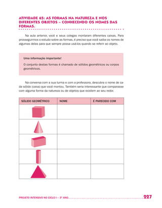 227PROJETO INTENSIVO NO CICLO I – 3O
ANO	
ATIVIDADE 65: AS FORMAS NA NATUREZA E NOS
DIFERENTES OBJETOS – CONHECENDO OS NOMES DAS
FORMAS.
Na aula anterior, você e seus colegas montaram diferentes caixas. Para
prosseguirmos o estudo sobre as formas, é preciso que você saiba os nomes de
algumas delas para que sempre possa usá-los quando se referir ao objeto.
Uma informação importante!
O conjunto destas formas é chamado de sólidos geométricos ou corpos
geométricos.
Na conversa com a sua turma e com a professora, descubra o nome de ca-
da sólido (caixa) que você montou. Também seria interessante que comparasse
com alguma forma da natureza ou de objetos que existem ao seu redor.
SÓLIDO GEOMÉTRICO NOME É PARECIDO COM
 