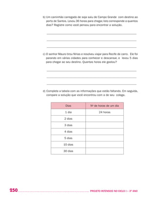 250 	 PROJETO INTENSIVO NO CICLO I – 3O
ANO
b) Um caminhão carregado de soja saiu de Campo Grande com destino ao
porto de Santos. Levou 36 horas para chegar, Isto corresponde a quantos
dias? Registre como você pensou para encontrar a solução.
______________________________________________________________
______________________________________________________________
______________________________________________________________
c) O senhor Mauro tirou férias e resolveu viajar para Recife de carro. Ele foi
parando em várias cidades para conhecer e descansar, e levou 5 dias
para chegar ao seu destino. Quantas horas ele gastou?
______________________________________________________________
______________________________________________________________
______________________________________________________________
d)	Complete a tabela com as informações que estão faltando. Em seguida,
compare a solução que você encontrou com a de seu colega.
Dias No
de horas de um dia
1 dia 24 horas
2 dias
3 dias
4 dias
5 dias
10 dias
30 dias
 