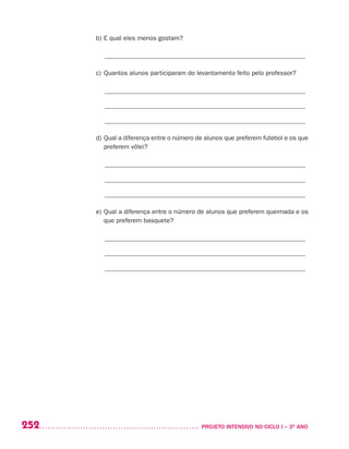 252 	 PROJETO INTENSIVO NO CICLO I – 3O
ANO
b)	E qual eles menos gostam?
______________________________________________________________
c)	Quantos alunos participaram do levantamento feito pelo professor?
______________________________________________________________
______________________________________________________________
______________________________________________________________
d)	Qual a diferença entre o número de alunos que preferem futebol e os que
preferem vôlei?
______________________________________________________________
______________________________________________________________
______________________________________________________________
e)	Qual a diferença entre o número de alunos que preferem queimada e os
que preferem basquete?
______________________________________________________________
______________________________________________________________
______________________________________________________________
Fonte: R
______
Fonte: R
______
 